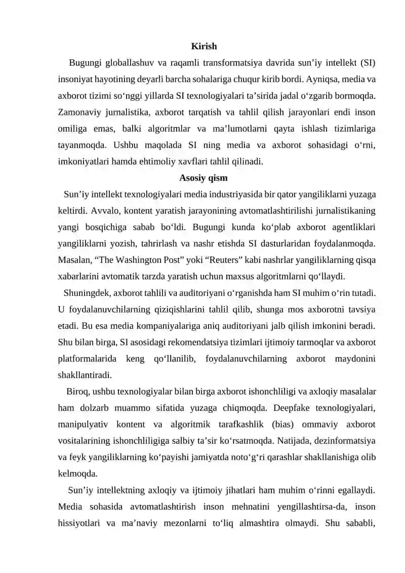 Zamonaviy davr kontekstida sun'iy intellekt: media va axborot tendensiyalar 2