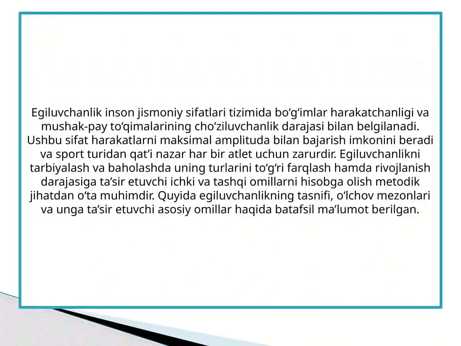Egiluvchanlikni Turlari Va O'lchov Mezoni. Egiluvchanlikni Rivojlanish Darajasini Aniqlouchi Omillar 2