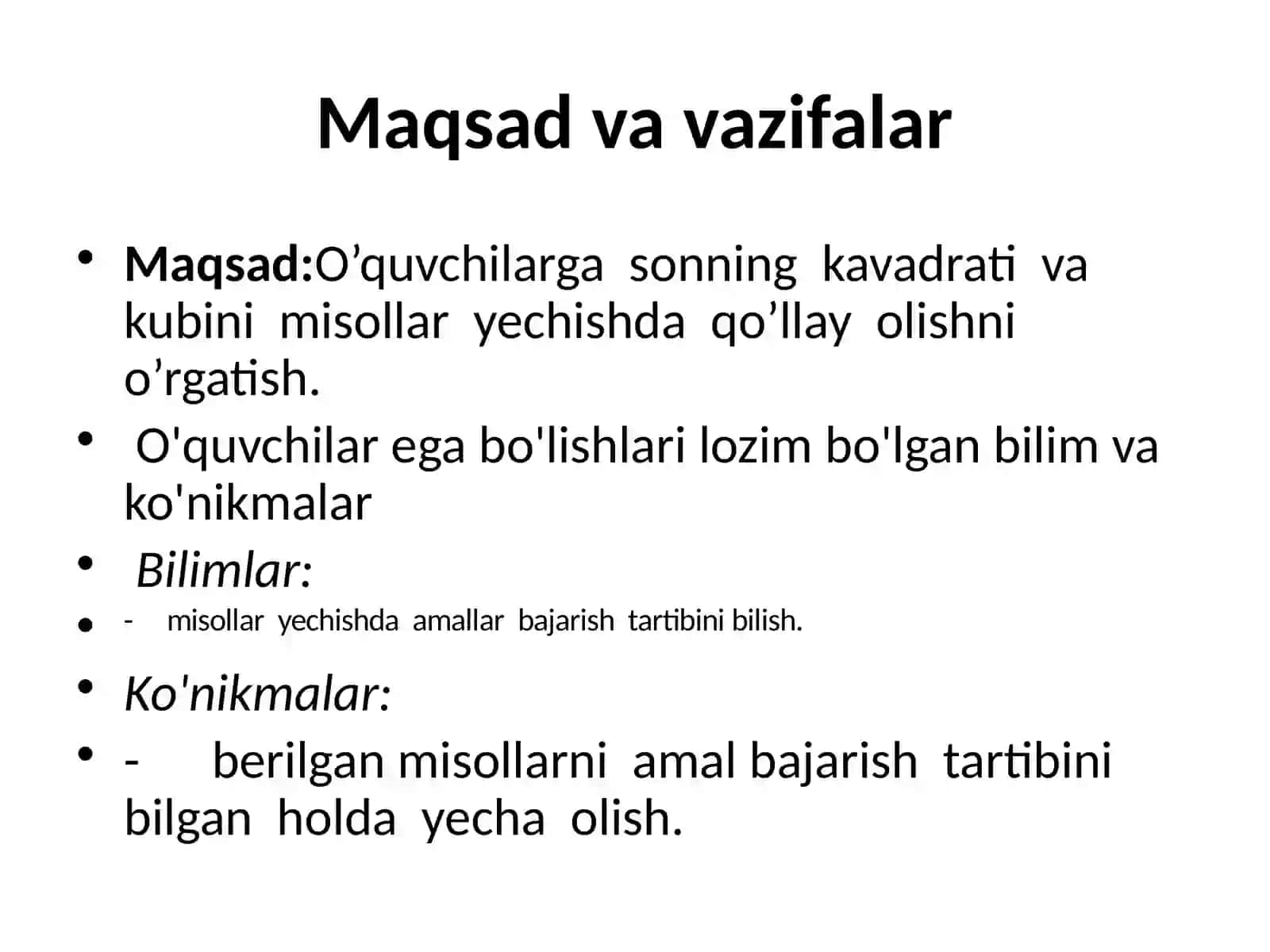 7 SINFLARDA ALGEBRA FANIDAN”SONNING DARAJASI. SONNING KVADRATI VA KUBI MAVZUSIGA DOIR MISOLLAR YECHISH 2