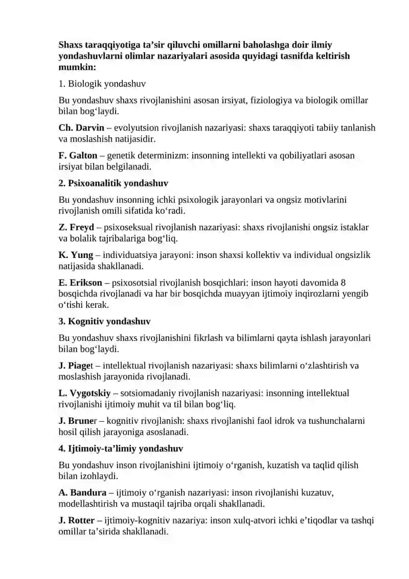 Shaxs taraqqiyotidagi faktorlarning o’rniga ko’ra ularning ahamiyatini baholashga doir ilmiy yondashuvlarni tizimlashtirish 2