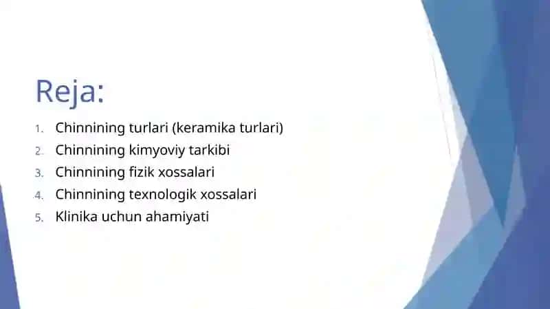 Ortopedik stomatologiyada chinnining kimyoviy va texnologik xossalari 2