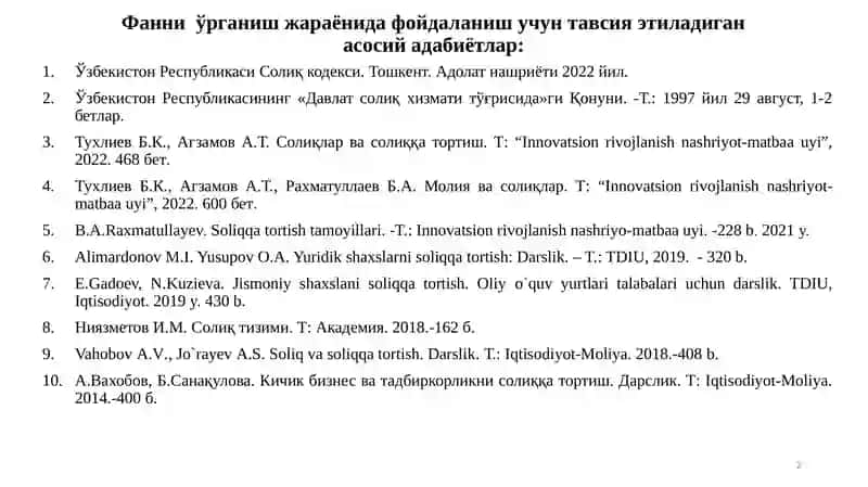 "СОЛИҚЛАР ВА СОЛИҚҚА ТОРТИШ" фанидан маъруза машғулоти 2