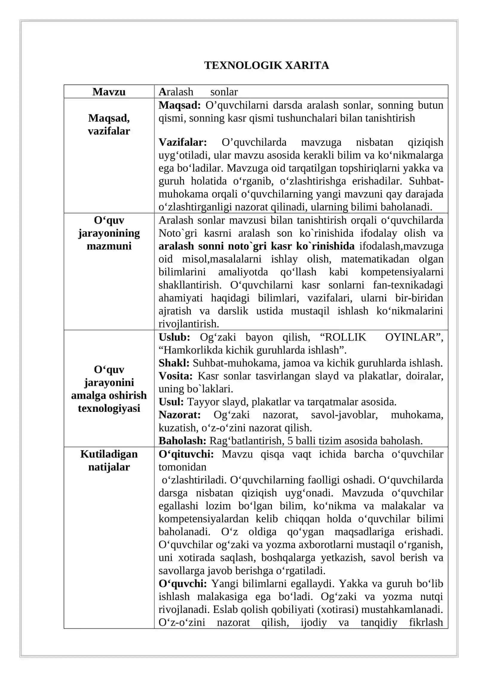 “Aralash sonlar” mavzusida tayyorlagan  bir soatlik  DARS  ISHLANMASI 2