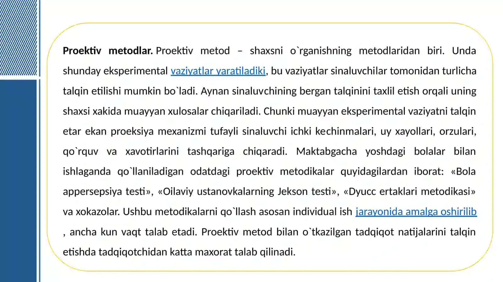 Shaxs psixodiagnostikasida proyektiv metodlarining qo’llanilishi. 2