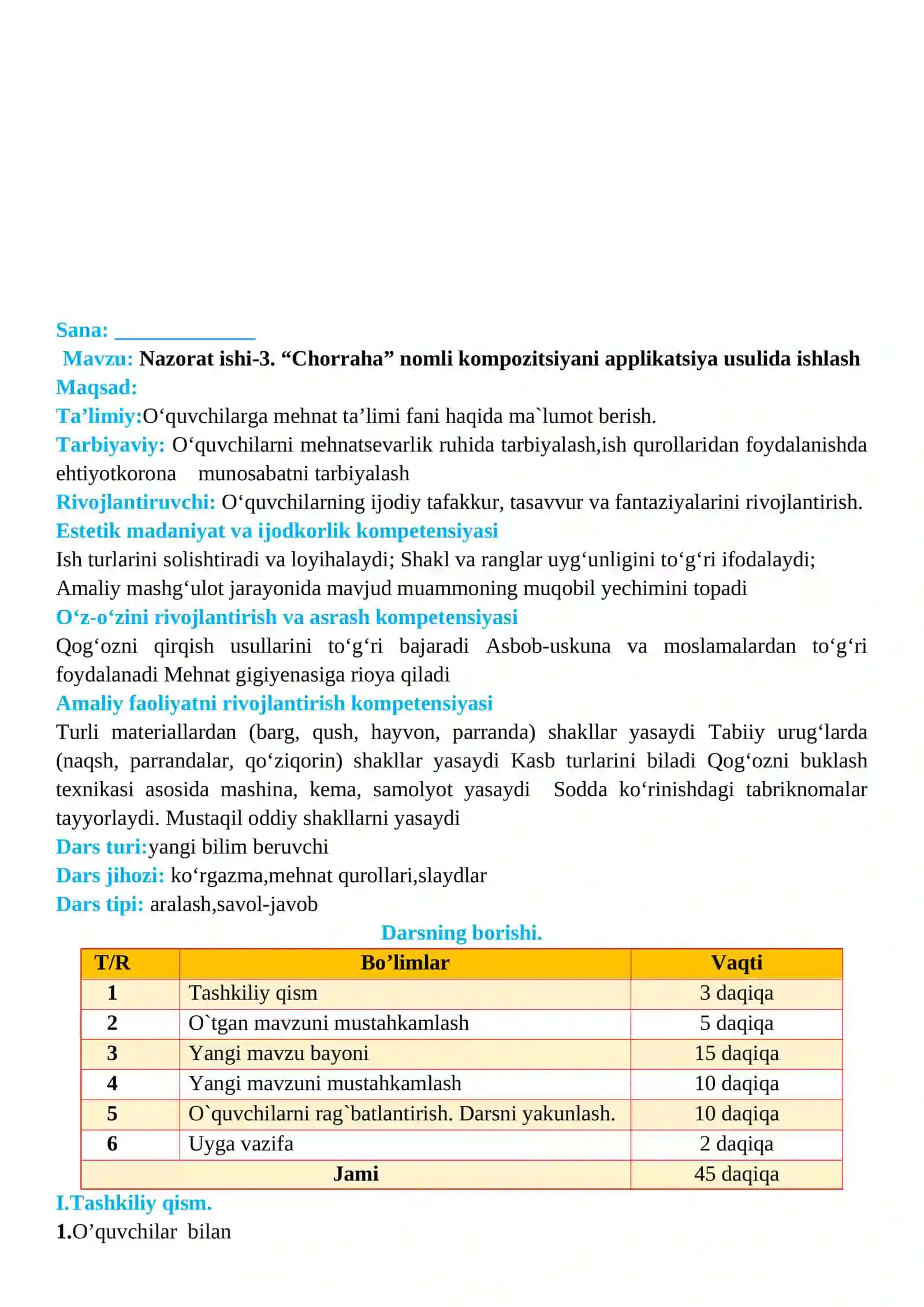 2-sinf Texnologiya fanidan 3-Nazorat ishi. Chorraha nomli kompozitsiyani applikatsiya usulida ishlash 2