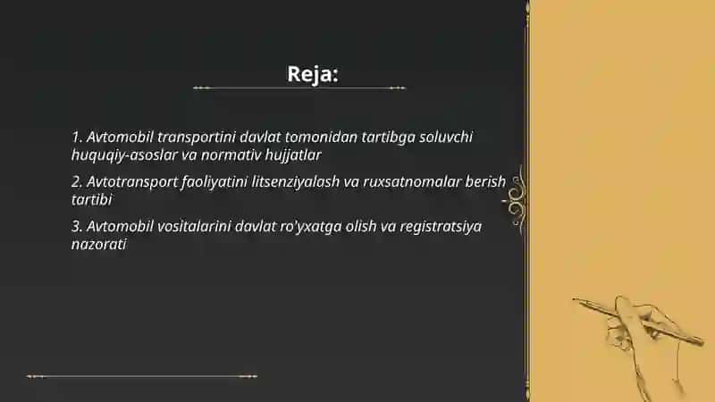 Avtomobil transporti faoliyatini davlat tomonidan tartibga solish 2