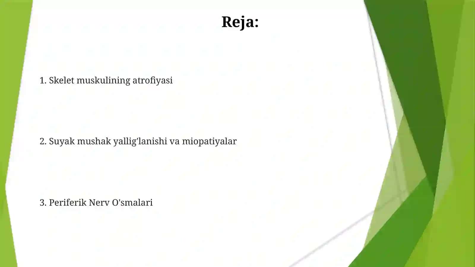Skelet mushaklarning kasalliklari: atrofiyasi, yallig'lanishi, miopatiyalar. Periferik nerv o'smalari 2