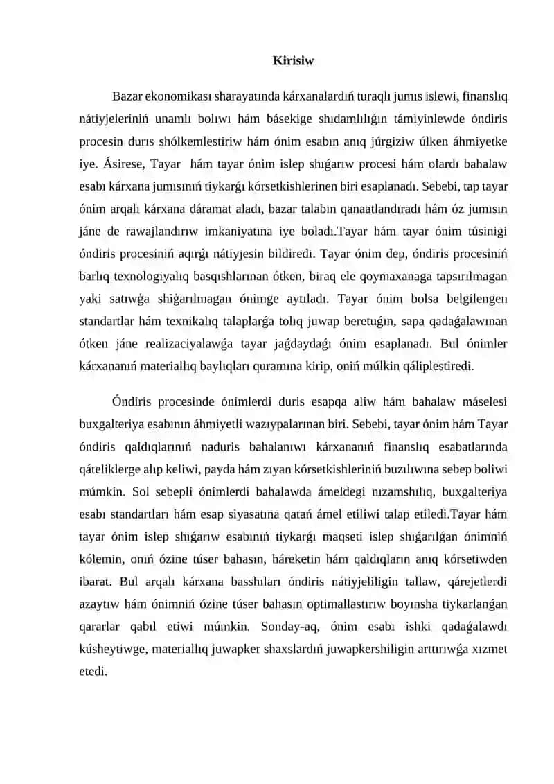 Tayar hám tayar ónim islep shıǵarıw haqqńnda túsinik hám onı bahalawdıń esabı 2