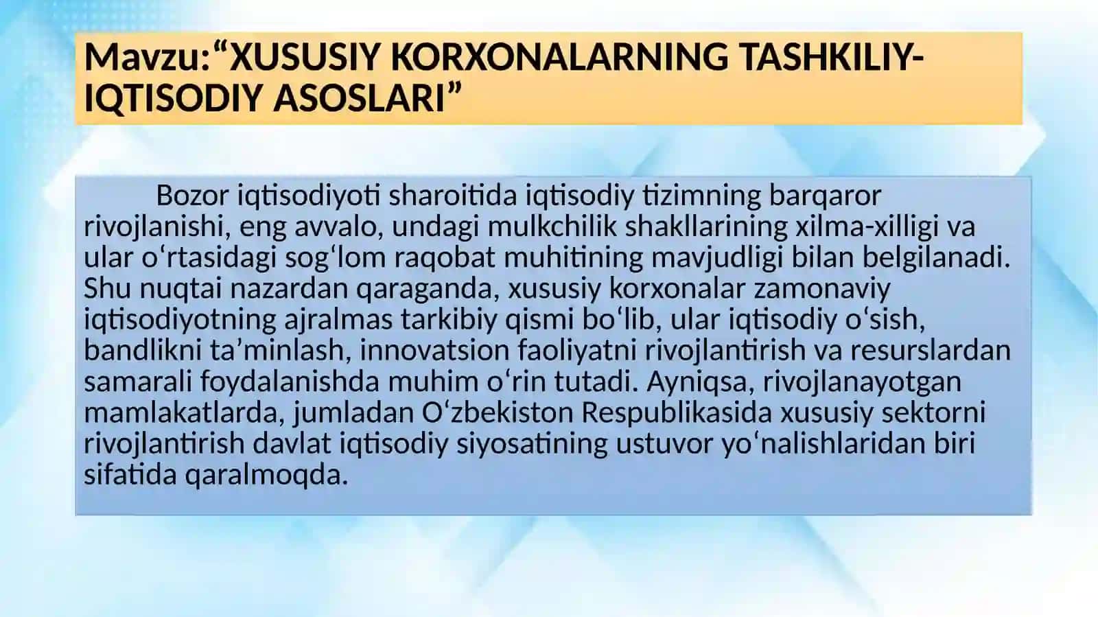 XUSUSIY KORXONALARNING TASHKILIY-IQTISODIY ASOSLARI 2