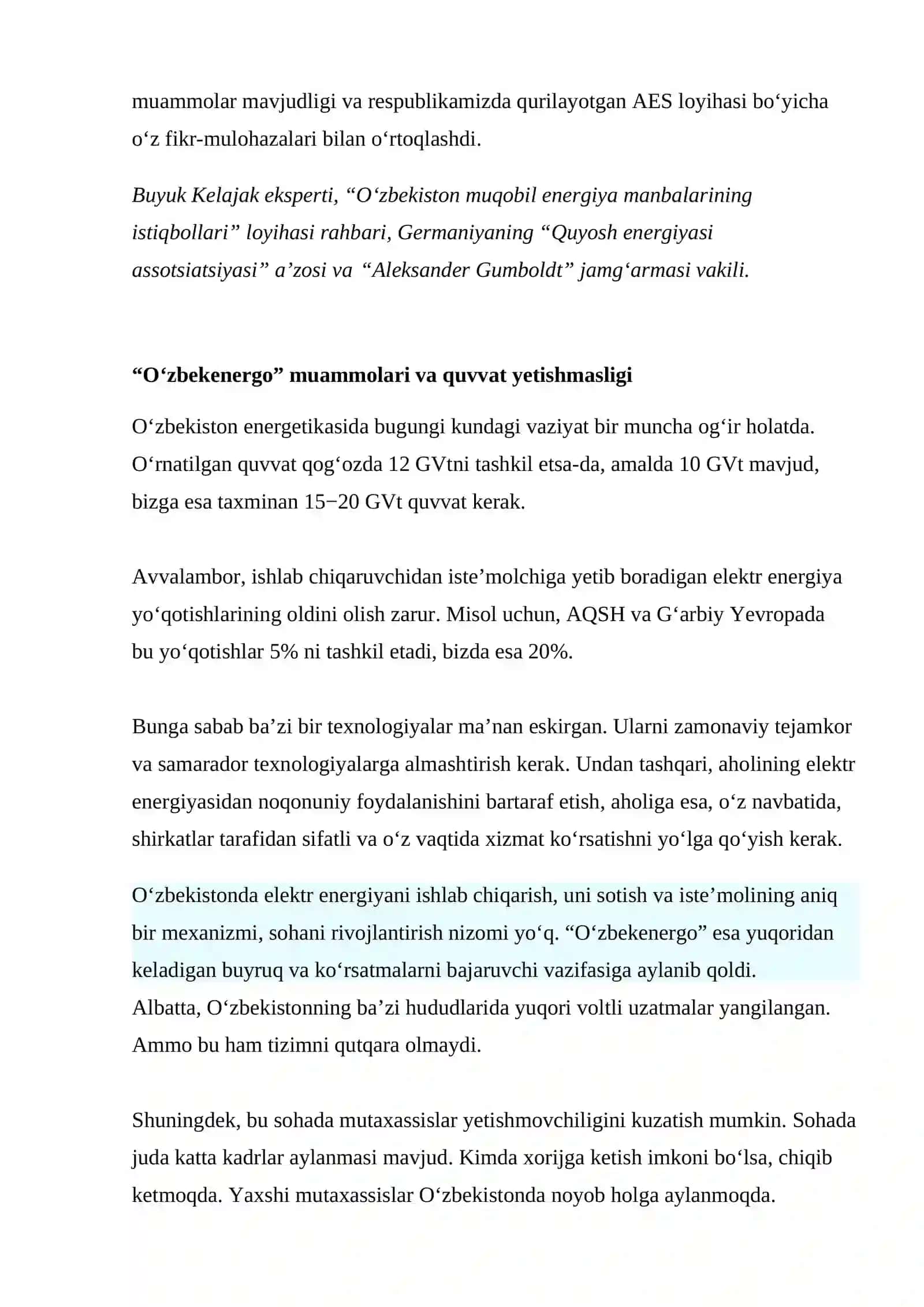 Qayta tiklanuvchi elektr taminoti manbalarining O’zbekistonning energiya mustaqilligidagi o’rni 2
