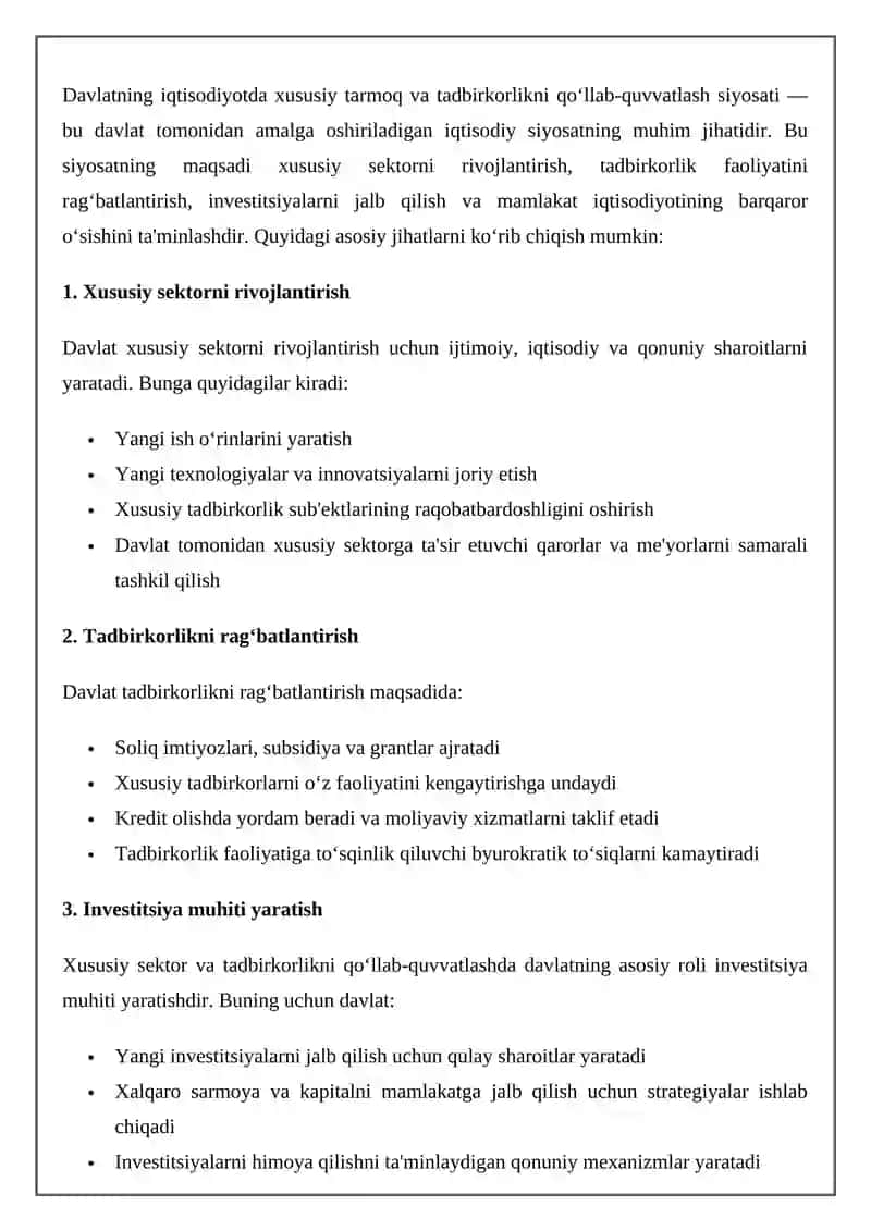 Davlatning iqtisodiyotda xususiy tarmoq va tadbirkorlikni qo‘llab-quvvatlash siyosati 2