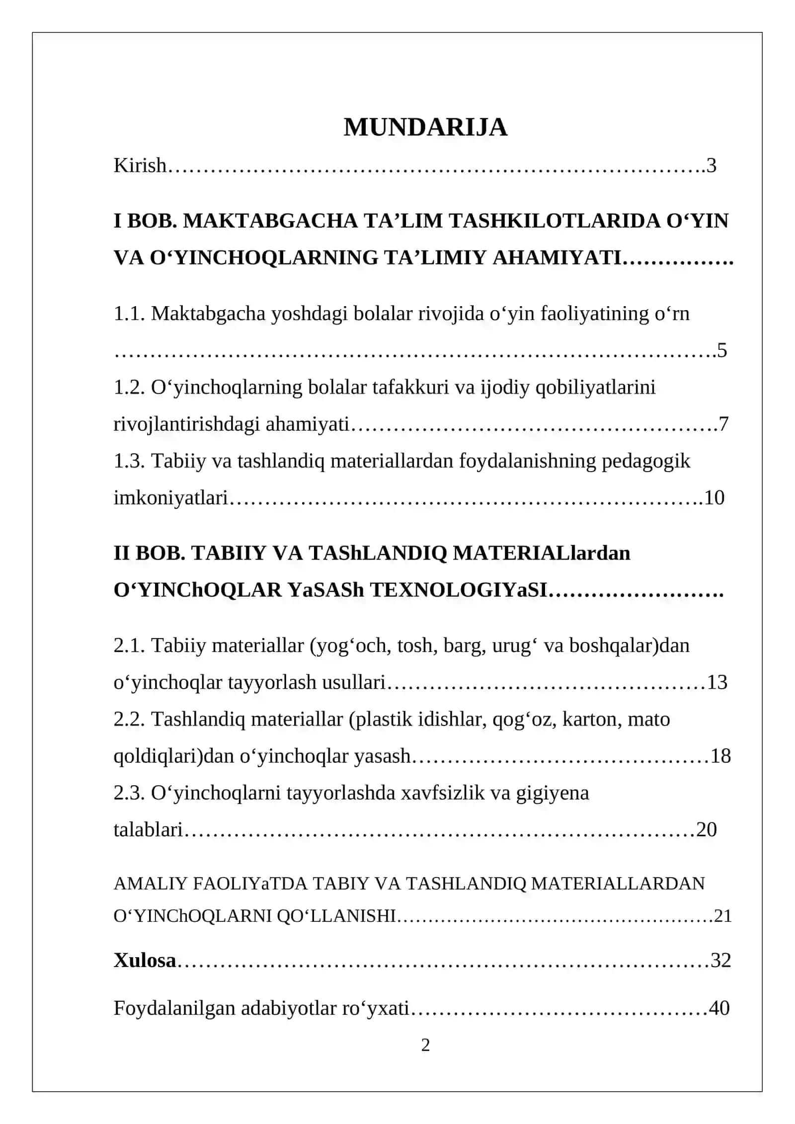 Maktabgacha ta’lim tashkilotlarida tabiiy va tashlandiq materiallardan o'yinchoqlar yasash. Kurs ishi 2