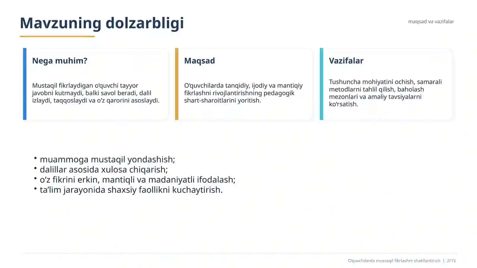 O‘QUVCHILARDA MUSTAQIL FIKRLASHNI SHAKLLANTIRISH 2
