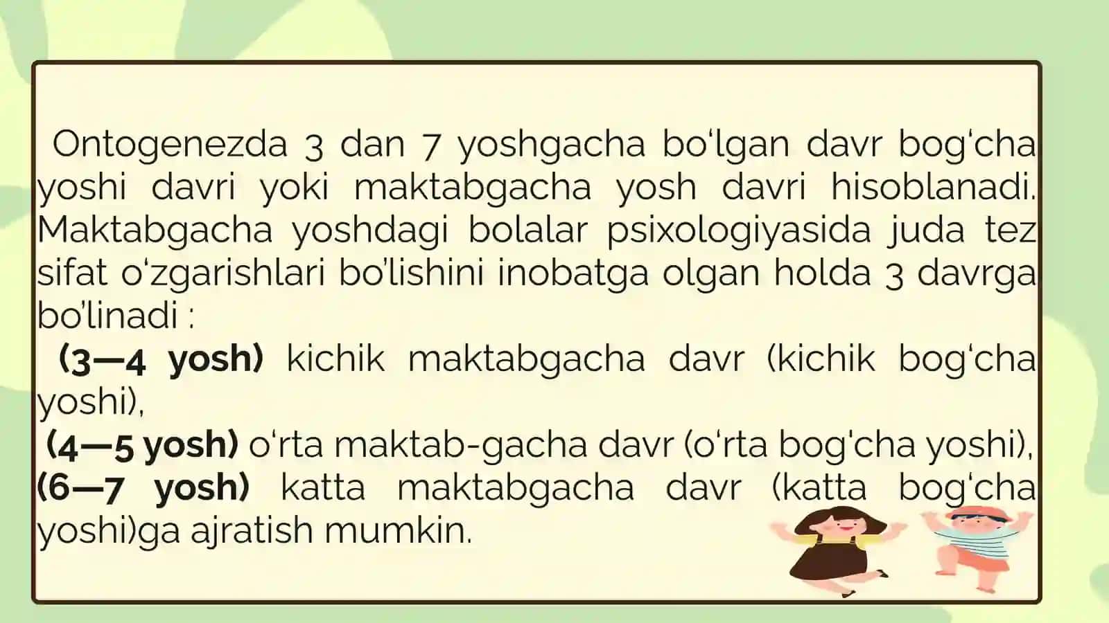 Maktabgacha yosh davri dapsixik rivojlanish xususiyatlari 2