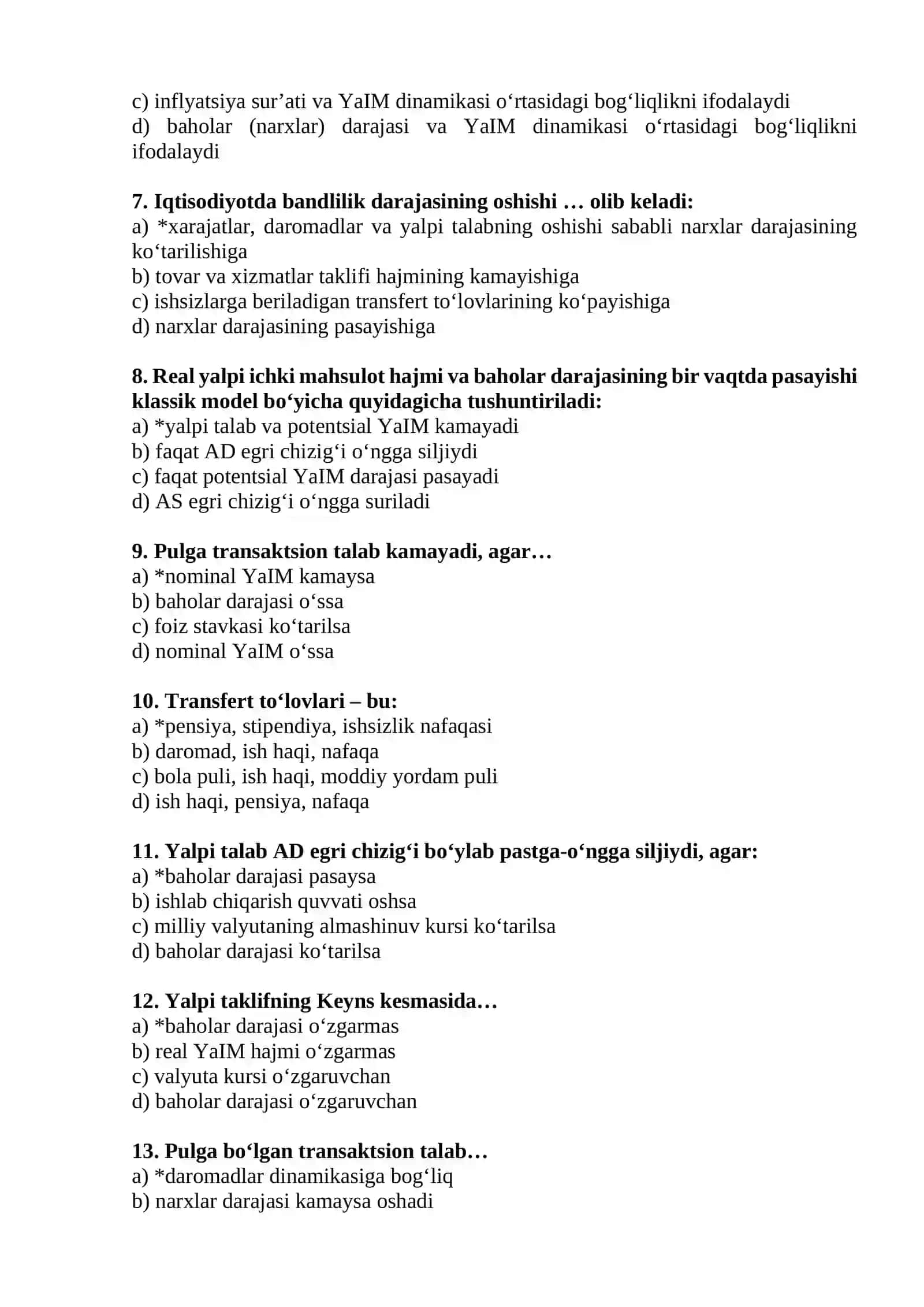 Динамик makroiqtisodiyot fanidan test savollari 2