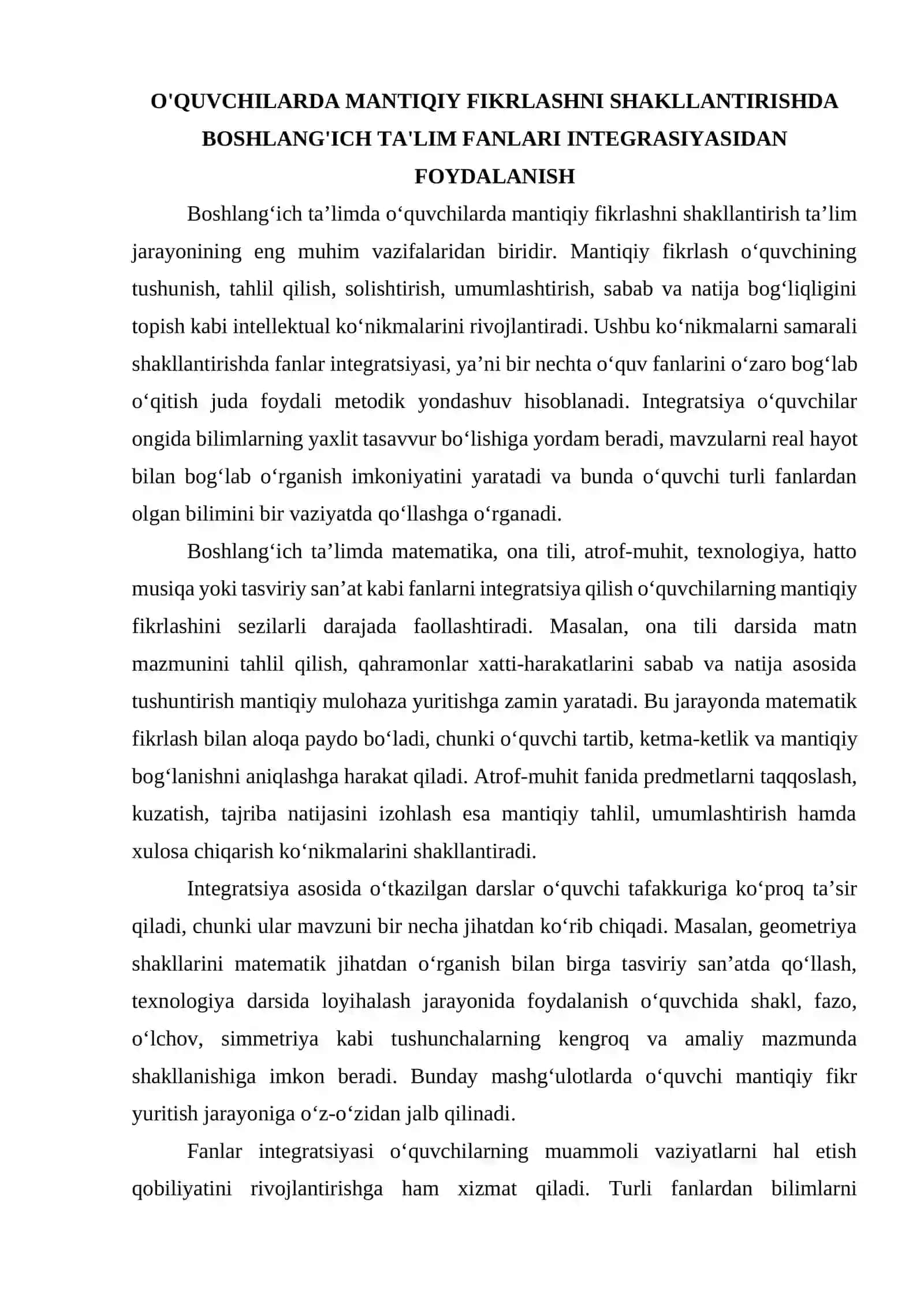 O'QUVCHILARDA MANTIQIY FIKRLASHNI SHAKLLANTIRISHDA BOSHLANG'ICH TA'LIM FANLARI INTEGRASIYASIDAN FOYDALANISH 2