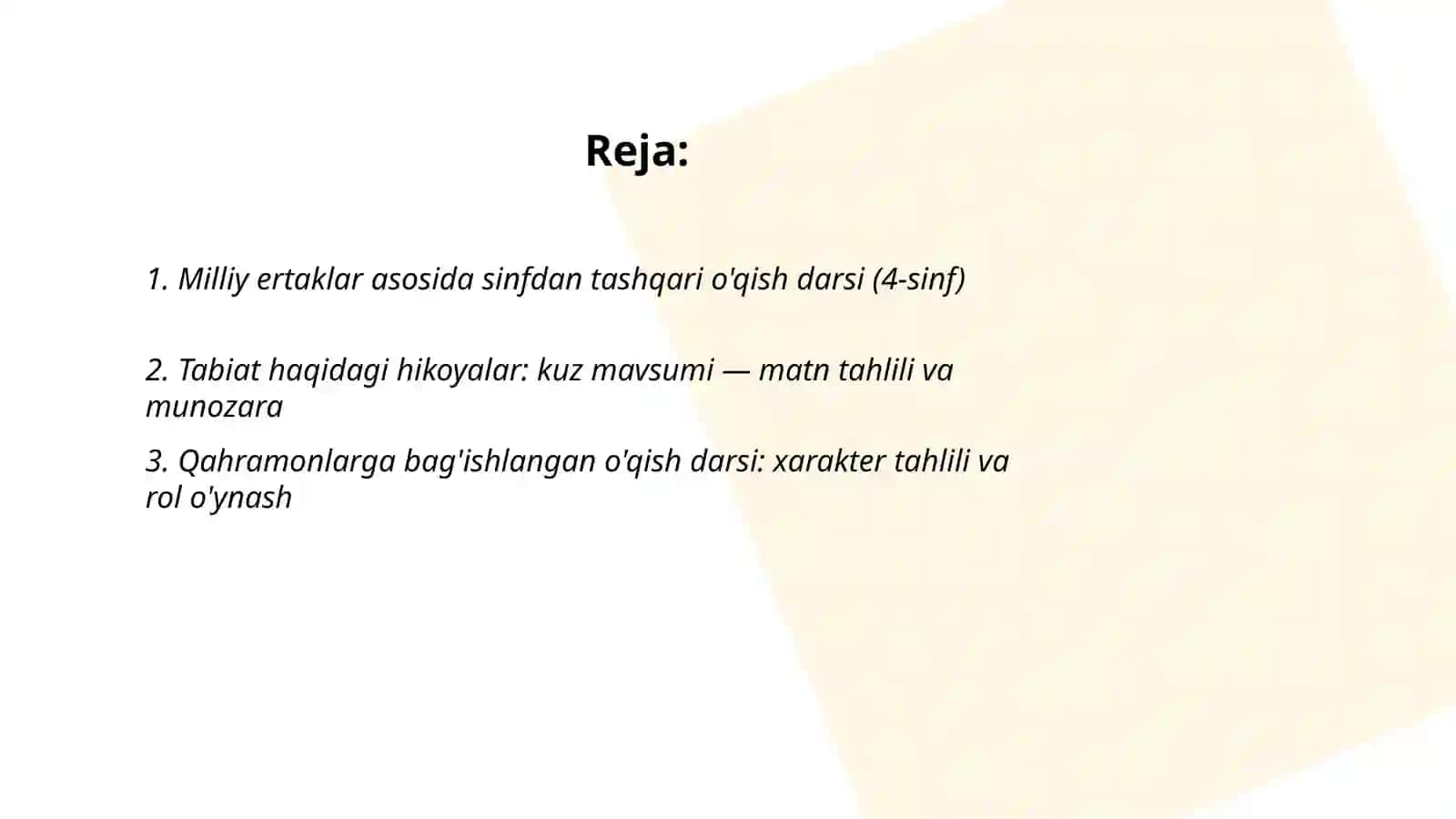 Sinfdan tashqari o'qish darsi namunasini ishlab chiqish (4-sinf) 2