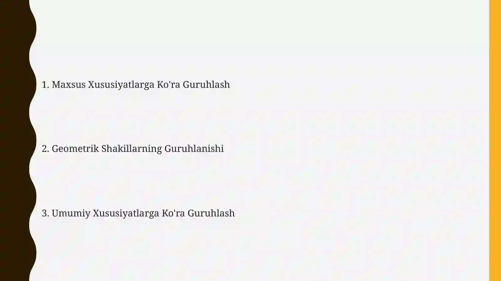 Geometrik figuralarni turli belgilar boʻyicha guruhlarga ajratish 2