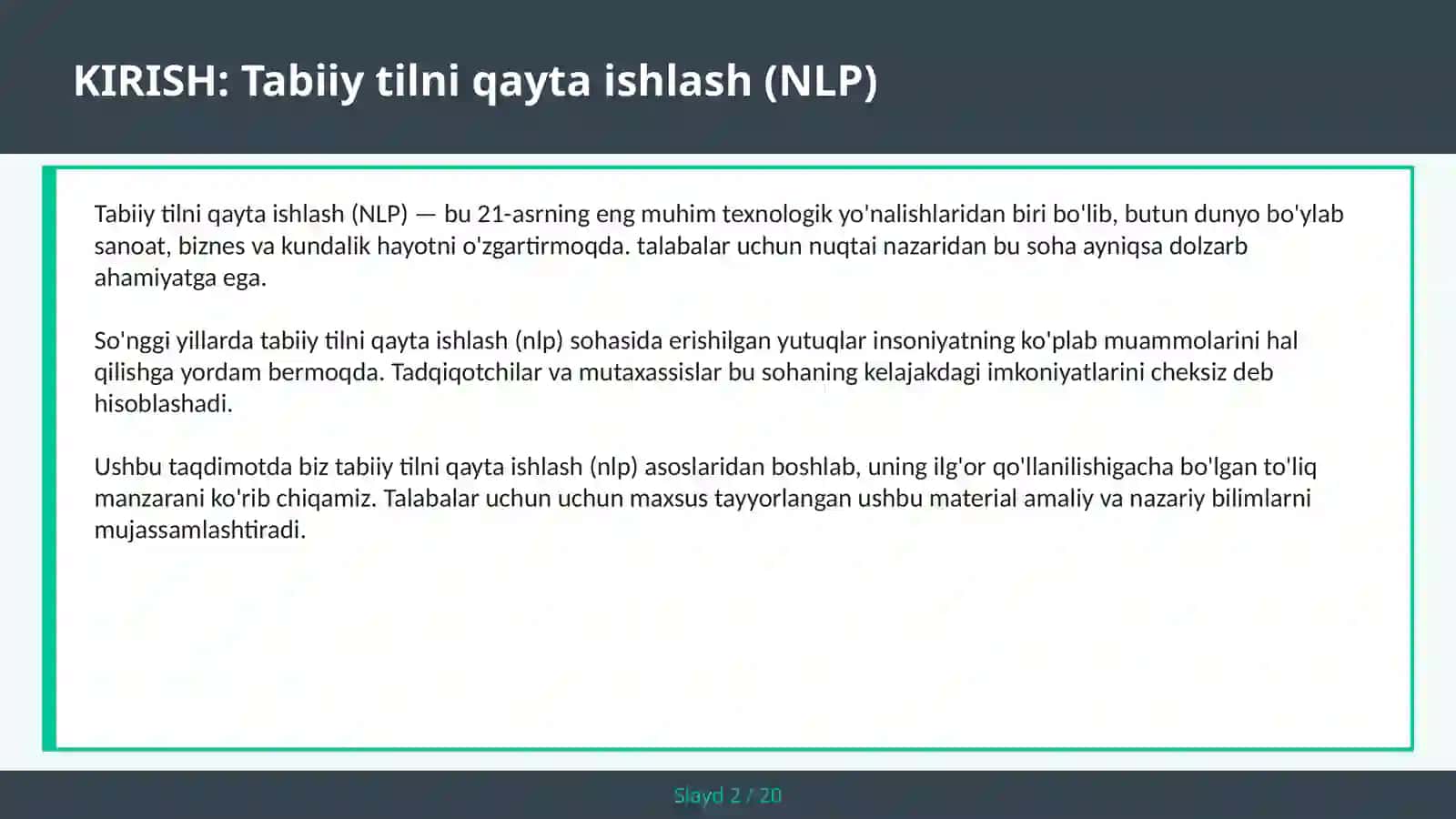Tabiiy tilni qayta ishlash (NLP) 2