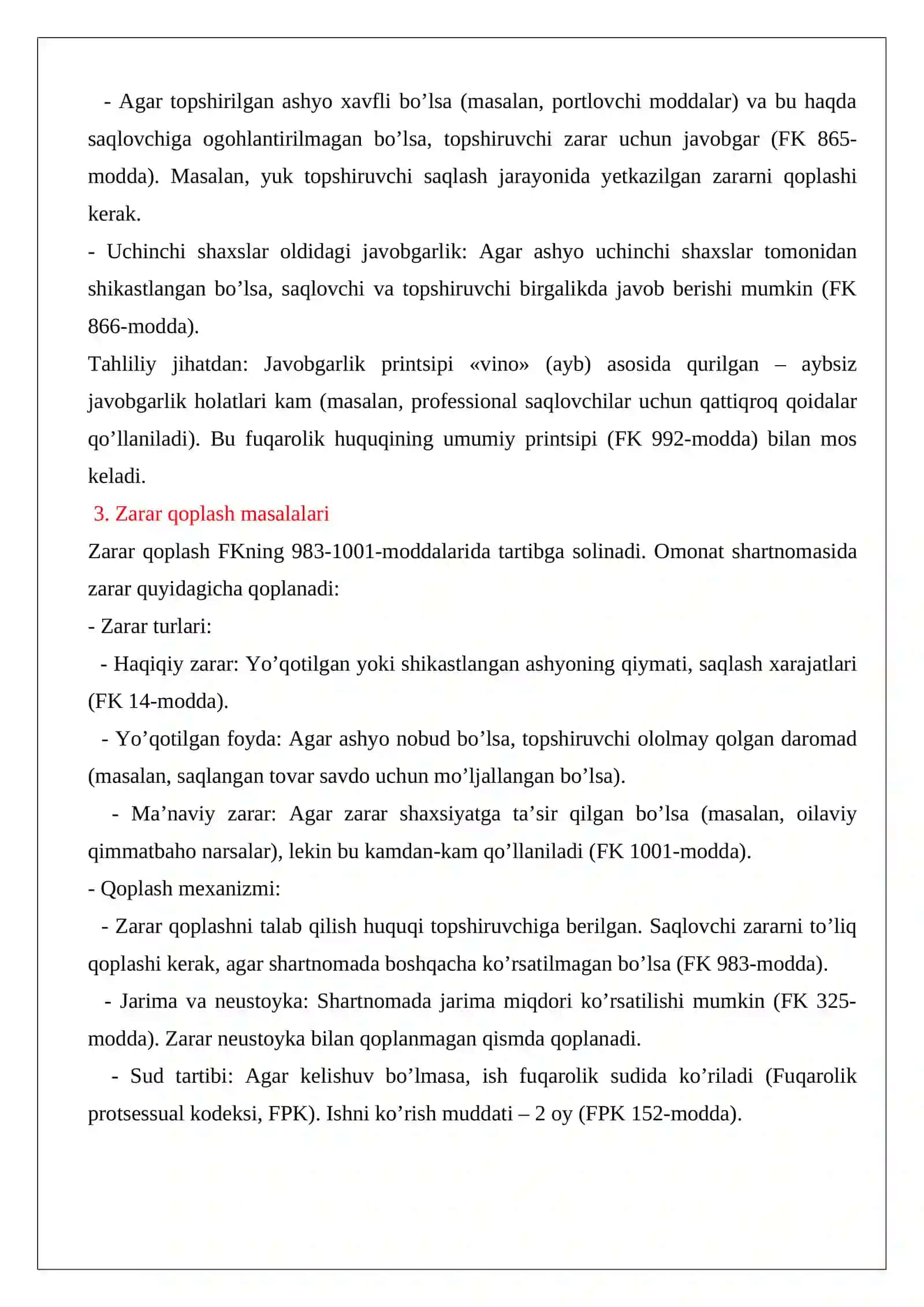 Omonat saqlash shartnomasi javobgarlik va zarar qoplash 2