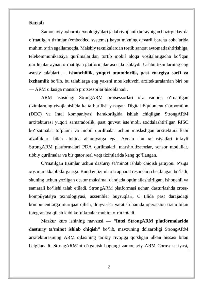 INTEL STRONG ARM PLATFORMALARIDA DASTURIY TA'MINOT ISHLAB CHIQISH 2