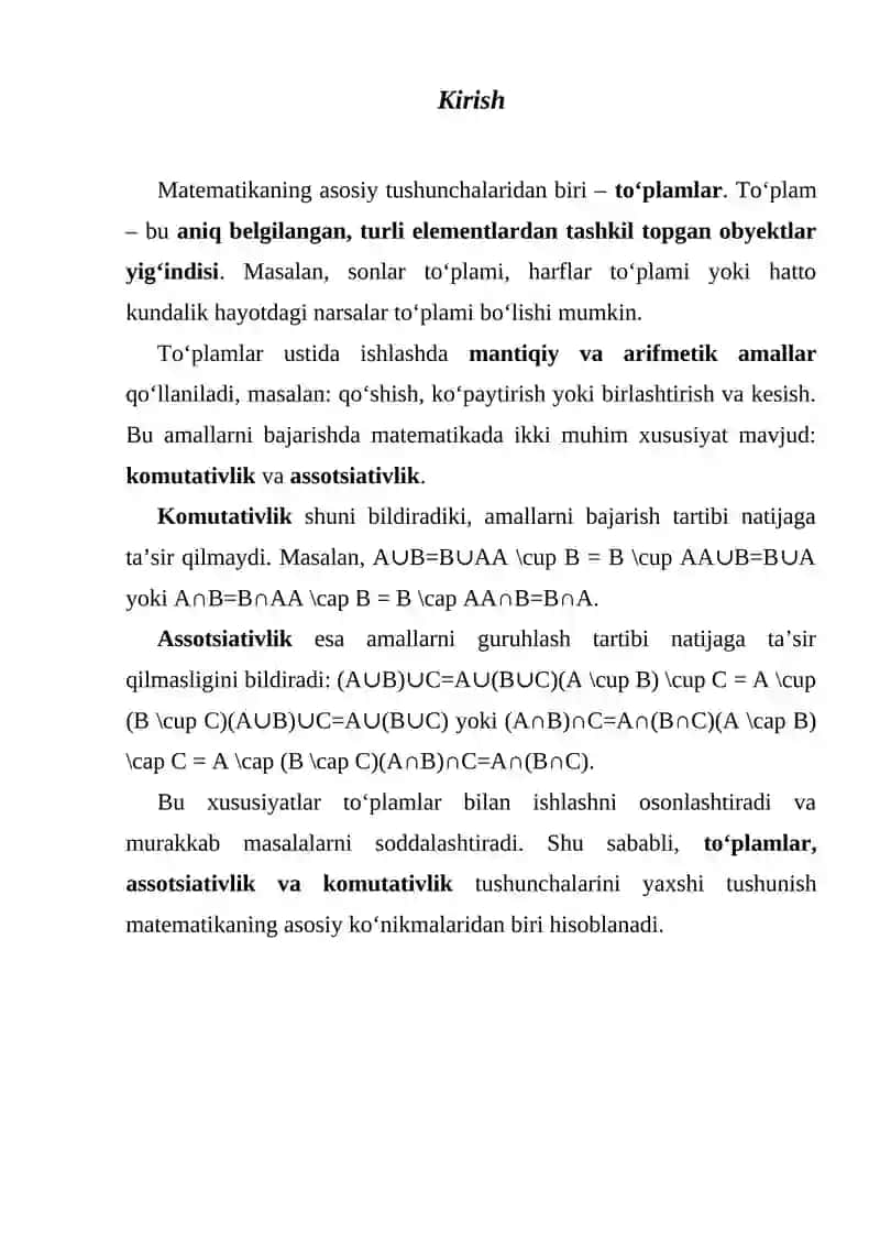 To’plamlarni. Assotsiativlik va komutativlik 2