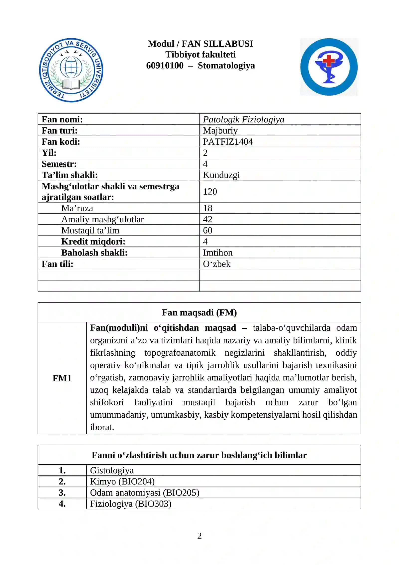 PATOLOGIK FIZIOLOGIYA FANI SILLABUSI 2