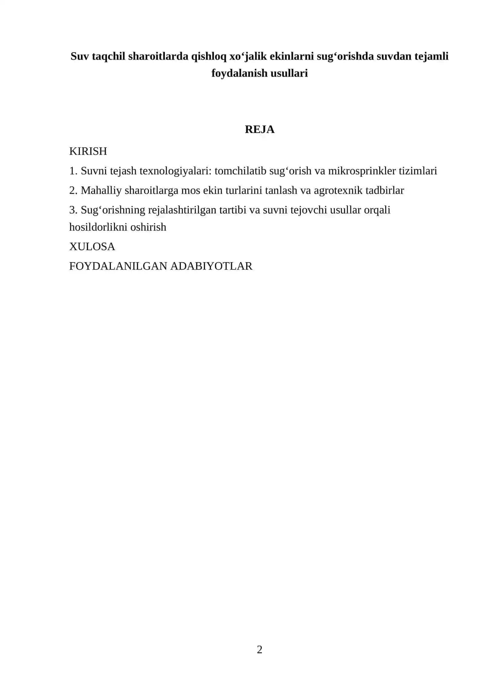 Suv taqchil sharoitlarda qishloq xoʻjalik ekinlarni sugʻorishda suvdan tejamli foydalanish usullari 2