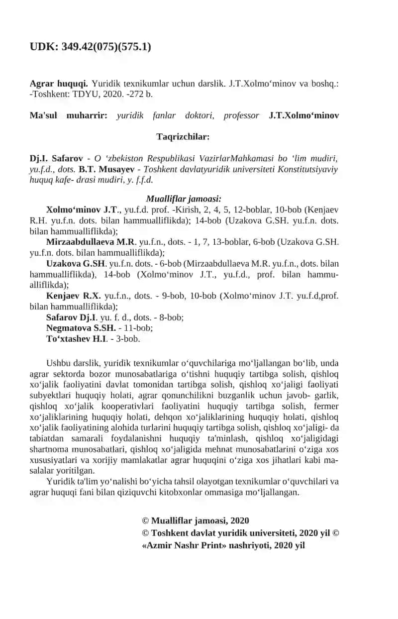 AGRAR HUQUQI (Yuridik texnikumlar uchun darslik) 2