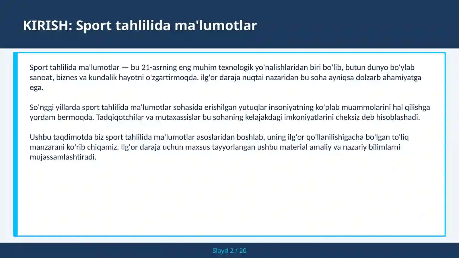 SPORT TAHLILIDA MA'LUMOTLAR 2