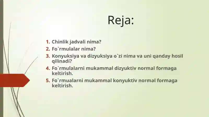 Chinlik jadvali yordamida formulalarni mukammal diz’yunktiv normal formaga va mukammal kon’yunktiv normal formaga keltirish 2