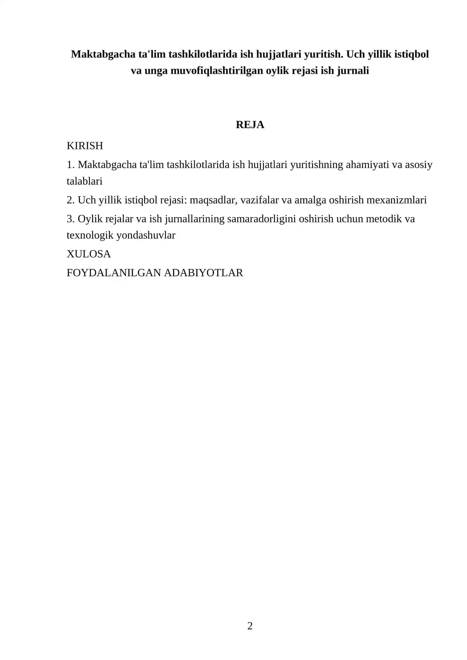 MAKTABGACHA TA'LIM MENEJMENTI FANIDAN TAYYORLAGAN MUSTAQIL ISHI 2