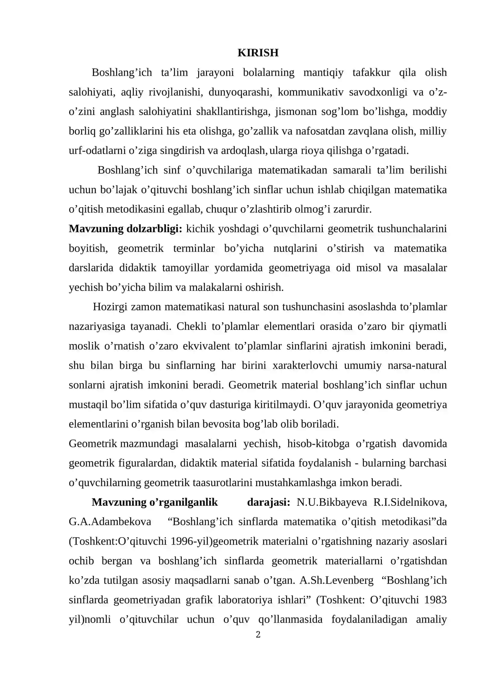 BOSHLANĢICH SINF MATEMATIKA DARSLARIDA ÒQUVCHILARNING FAZOVIY TASAVVURLARINI SHAKLLANTIRISH METODIKASI 2