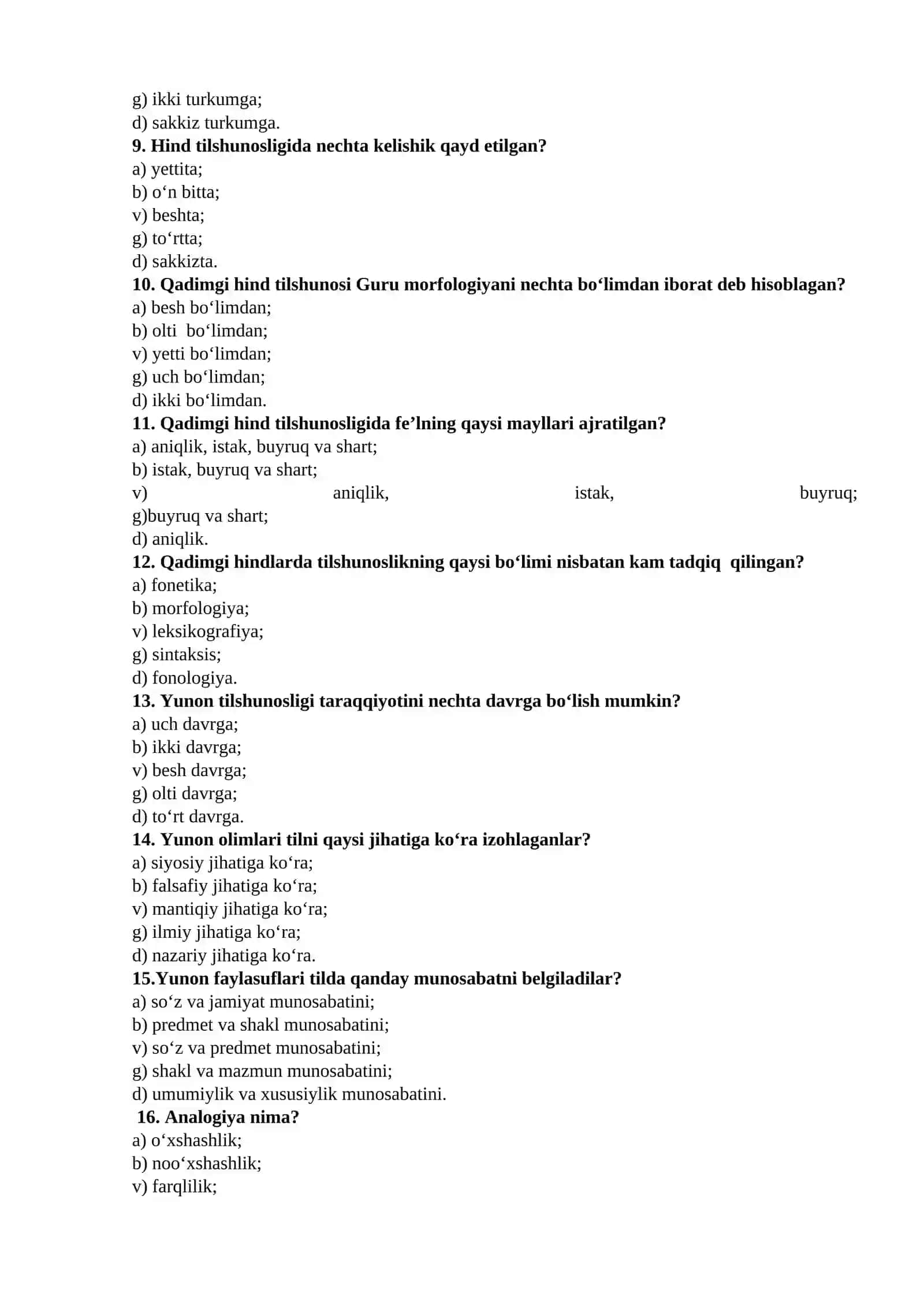 TILSHUNOSLIK NAZARIYASI FANIDAN YAKUNIY NAZORAT UCHUN TESTLAR 2