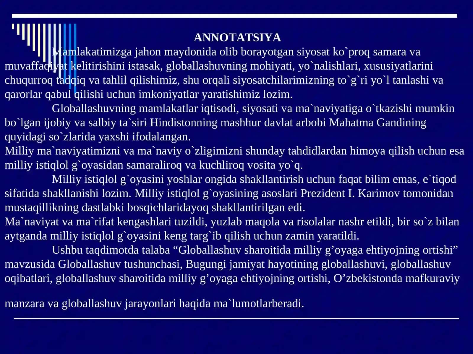 GLOBALLASHUV SHAROITIDA MILLIY G’OYAGA EHTIYOJNING ORTISHI 2