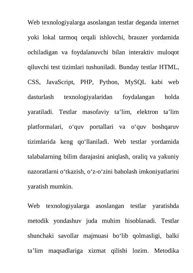 WEB TEXNOLOGIYALARGA ASOSLANGAN TESTLAR YARATISH METODIKASI 2