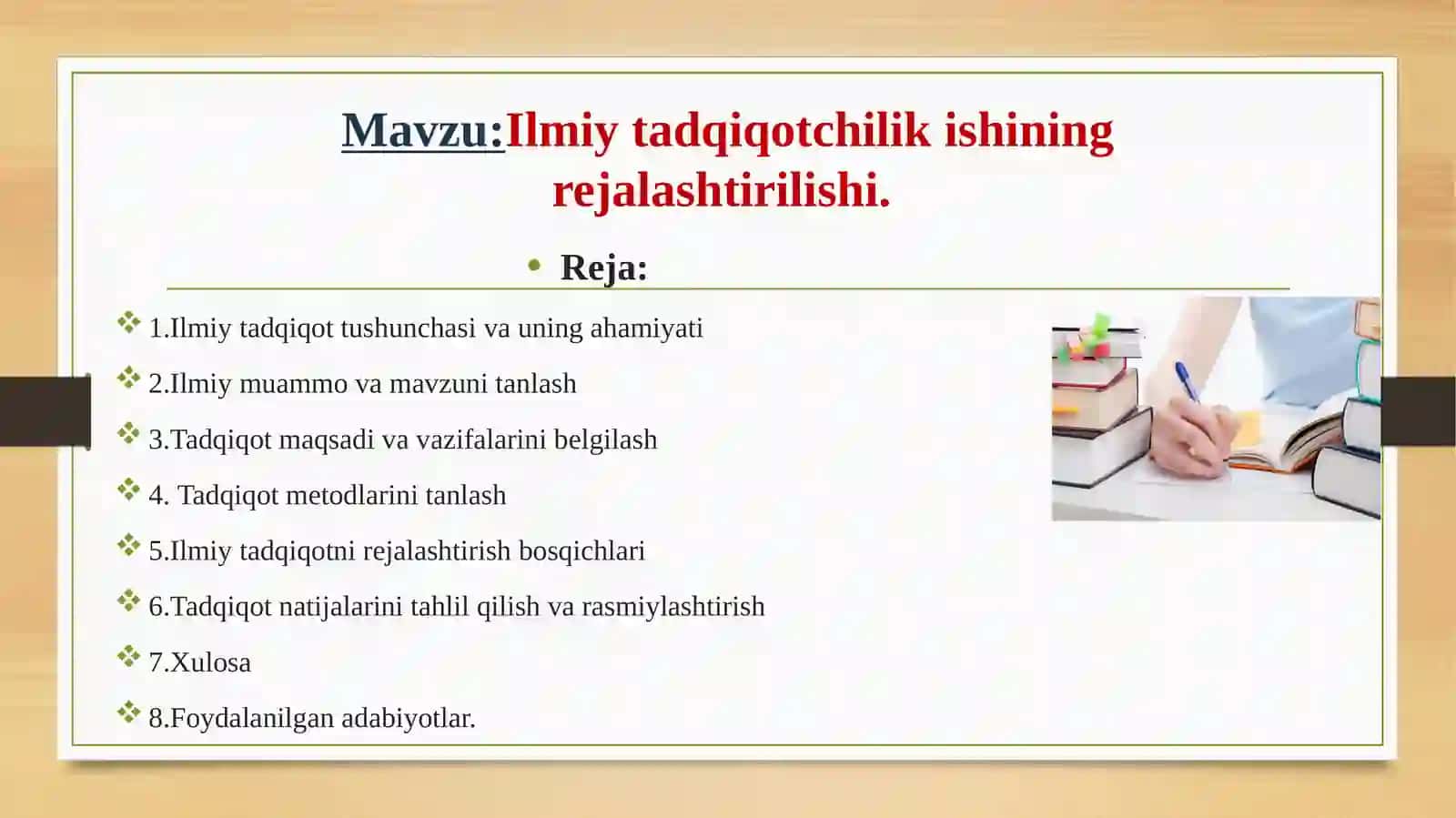 Ilmiy tadqiqotchilik ishining rejalashtirilishi 2
