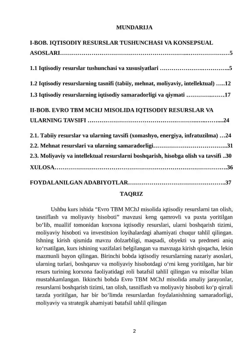 NOMODDIY AKTIVLARNI TAN OLISH TUGATILISHI VA MOLIYAVIY HISOBOTI (Evro TBM MCHJ) MISOLIDA 2
