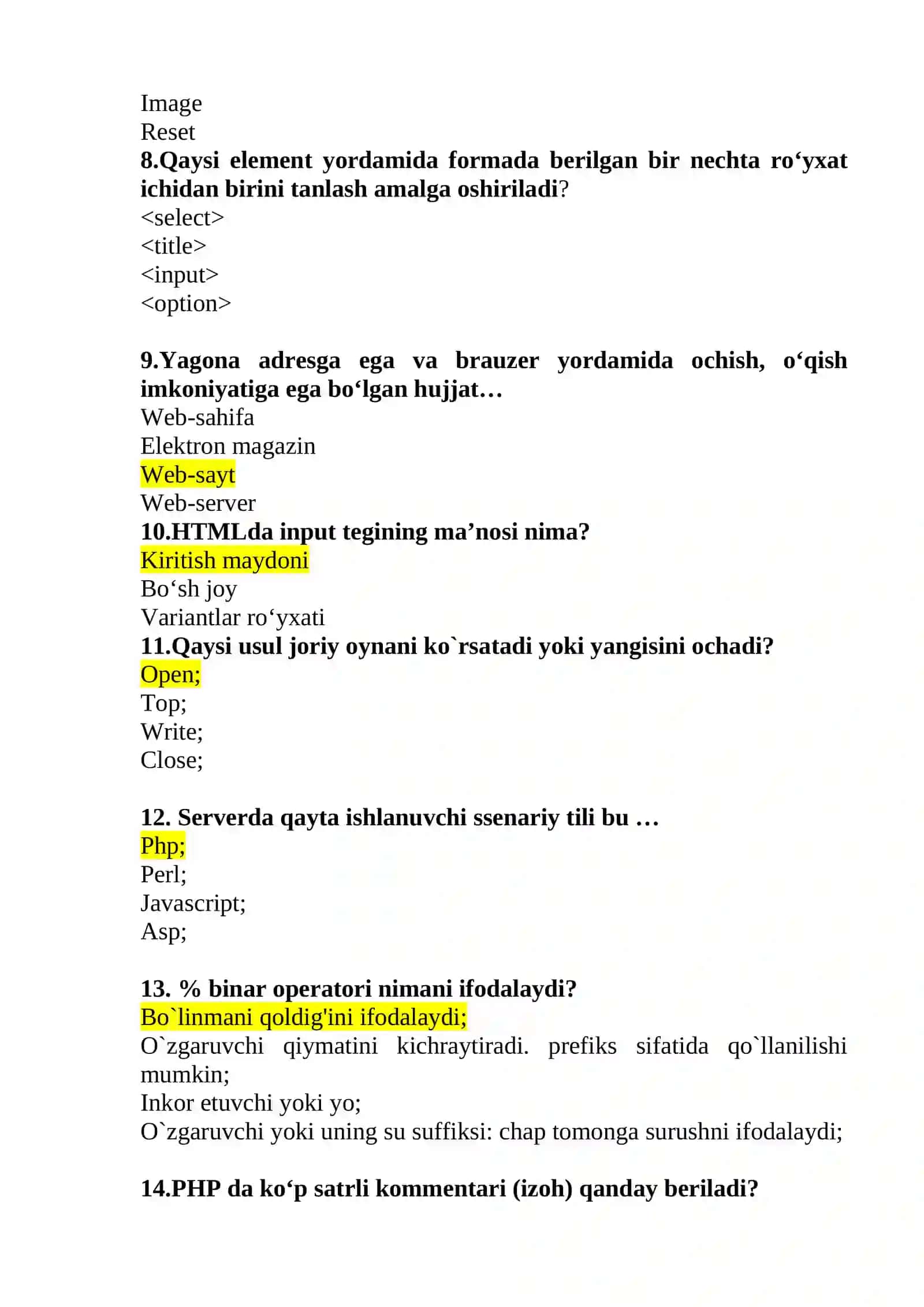 Mavzu: AXBOROT TEXNALOGIYALARI VA MENEJMENT UNIVERSITETI 2 KURS SIRTQI MATEMATIKA VA INFORMATIKA YO’NALISHI TALABALARIGA YAKUNIY NAZORAT TEST 2
