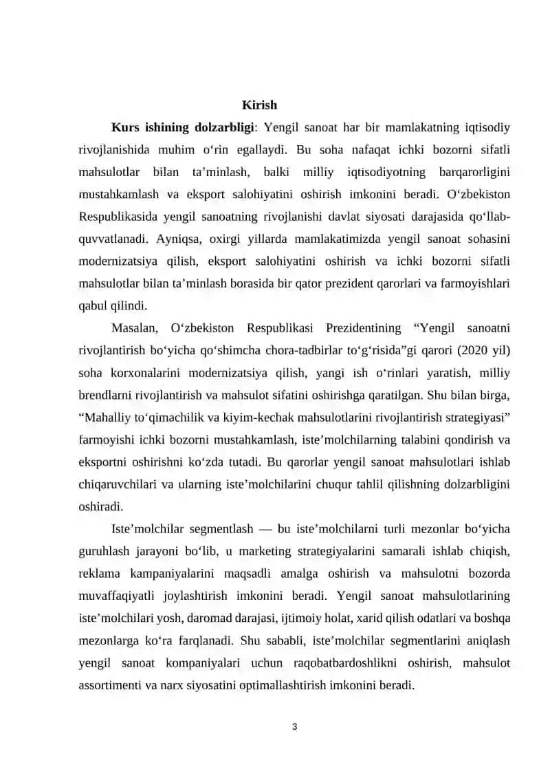 O'zbekiston Respublikasida yengil sanoat mahsulotlari iste’molchilarini segmentlash 2