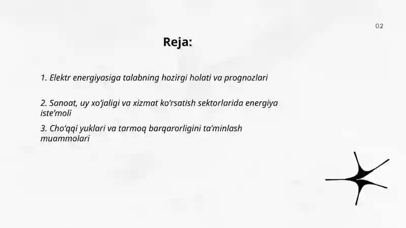Bugungi kunda mamlakatimizdagi elektr energiyasiga boʻlgan talab va asosiy muammolar ularning yechimi 2