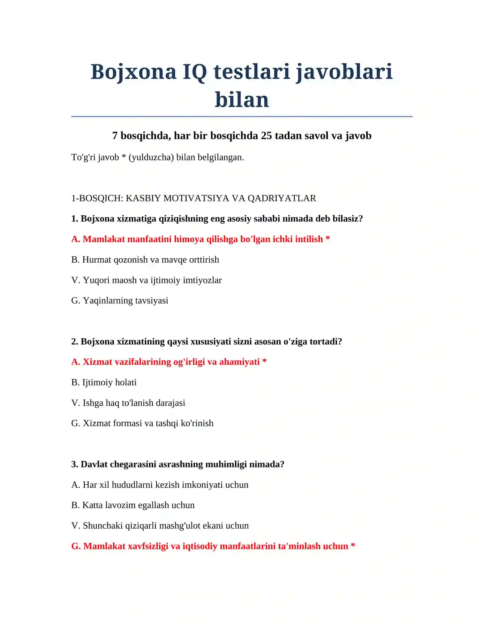 Bojxona IQ testlari javoblari bilan 2