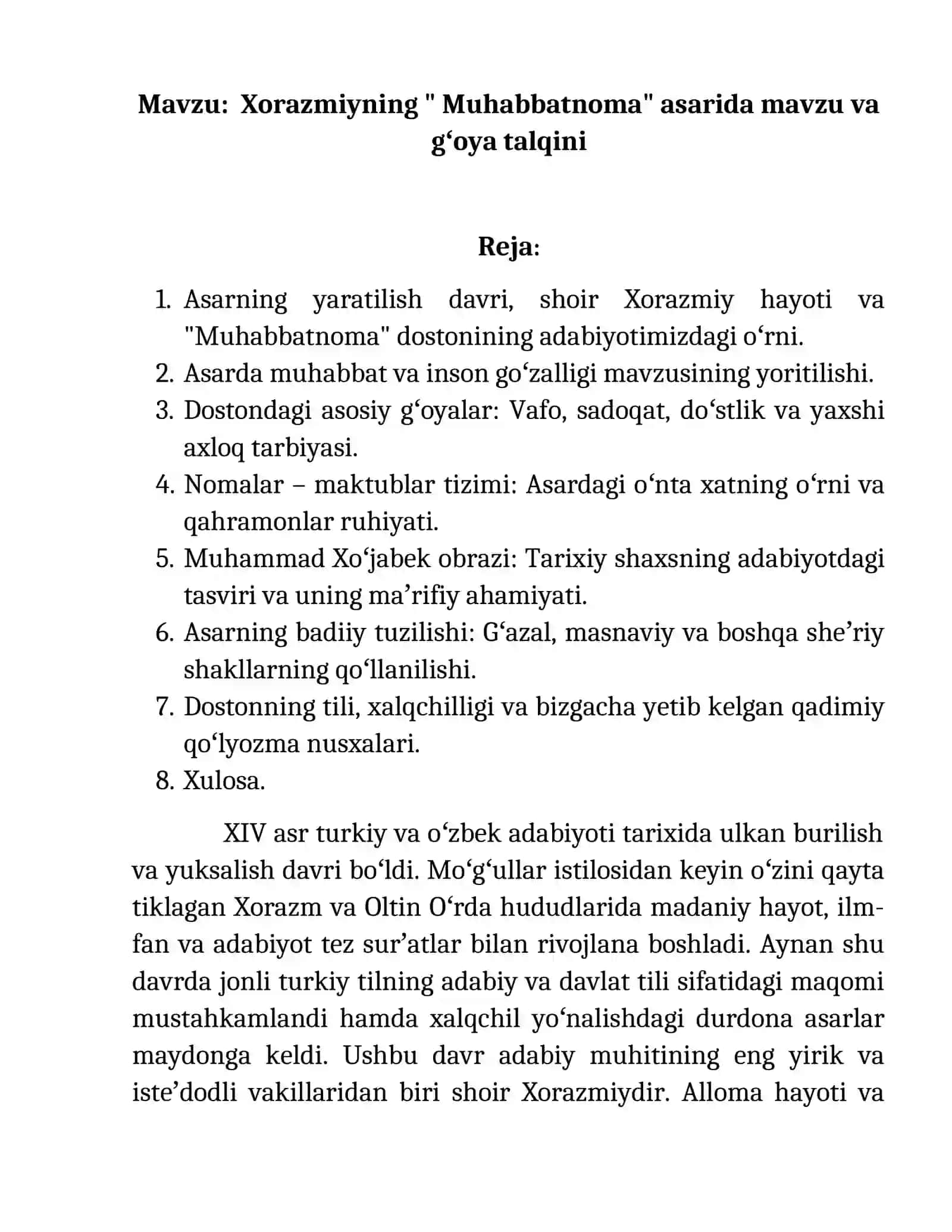 Xorazmiyning "Muhabbatnoma" asarida mavzu va gʻoya talqini 2