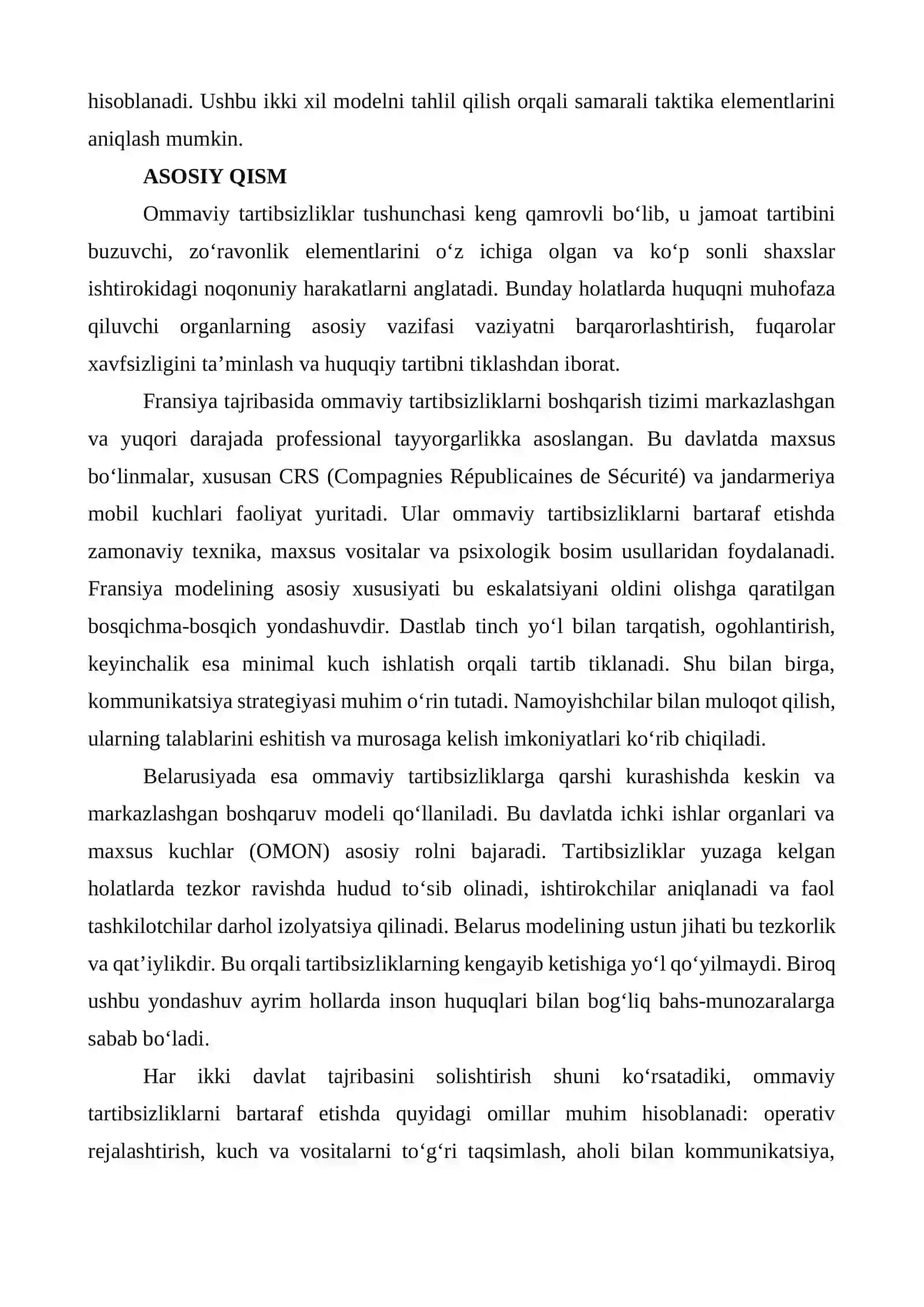 XORIJIY DAVLATLARDA OMMAVIY TARTIBSIZLIKLARNI BARTARAF ETISH TAKTIKASI (FRANSIYA VA BELARUSIYA XORIJIY TAJRIBASI) 2