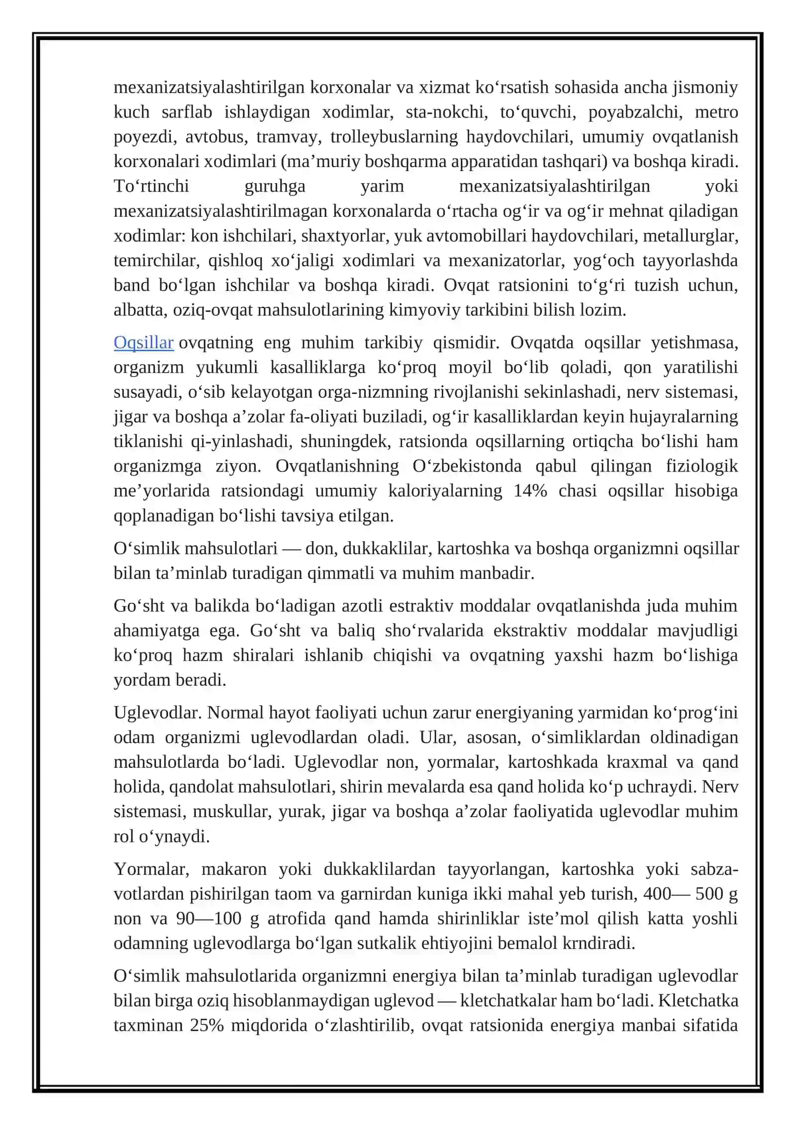 OVQAT VA UNING TARKIBI, OZIQ MODDALAR, OQSILLAR, UGLEVODLAR VA YOG`LAR 2