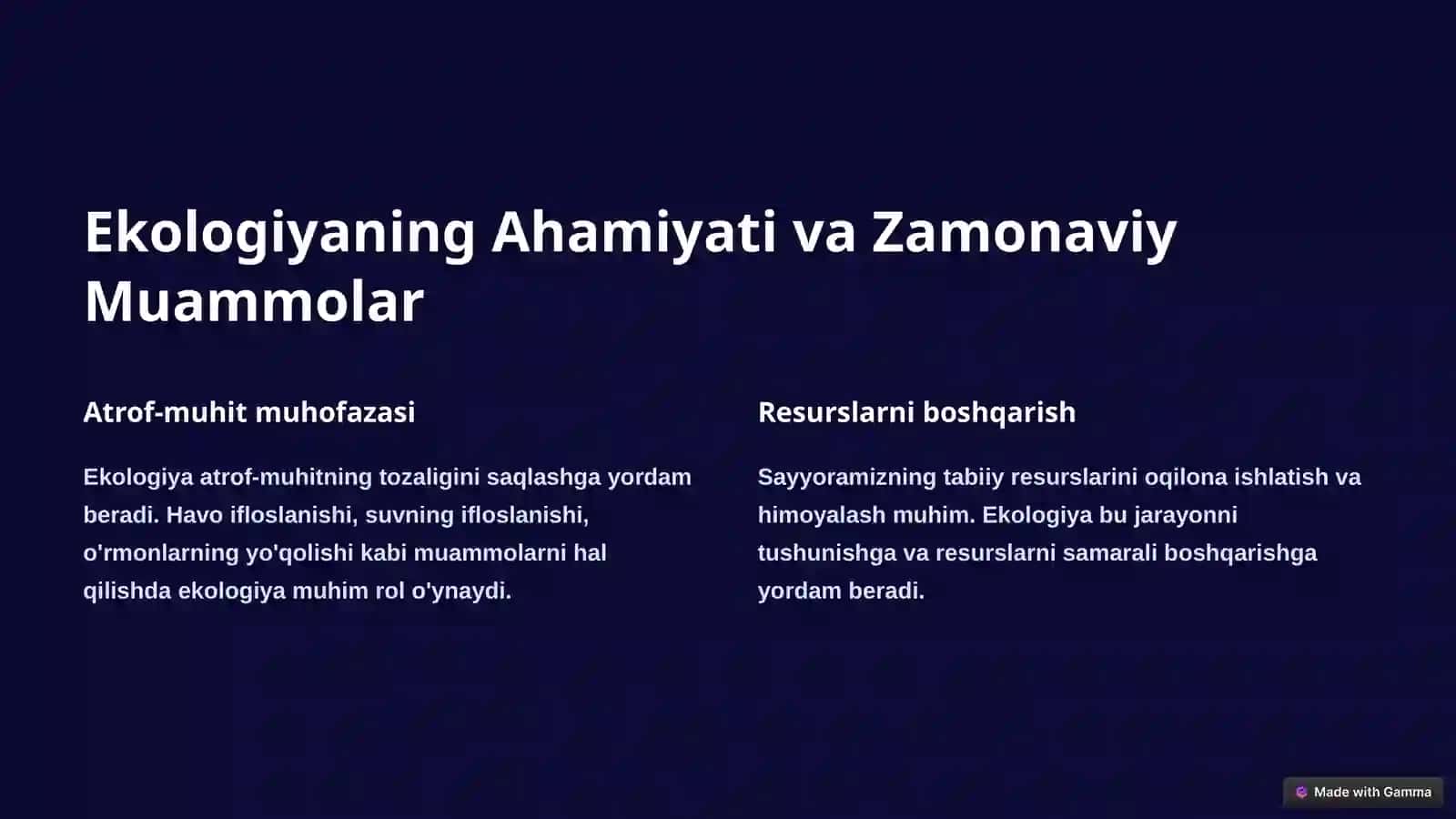 Ekologiya: Umumiy Tushunchalar, Istiqbollar va Takliflar 2