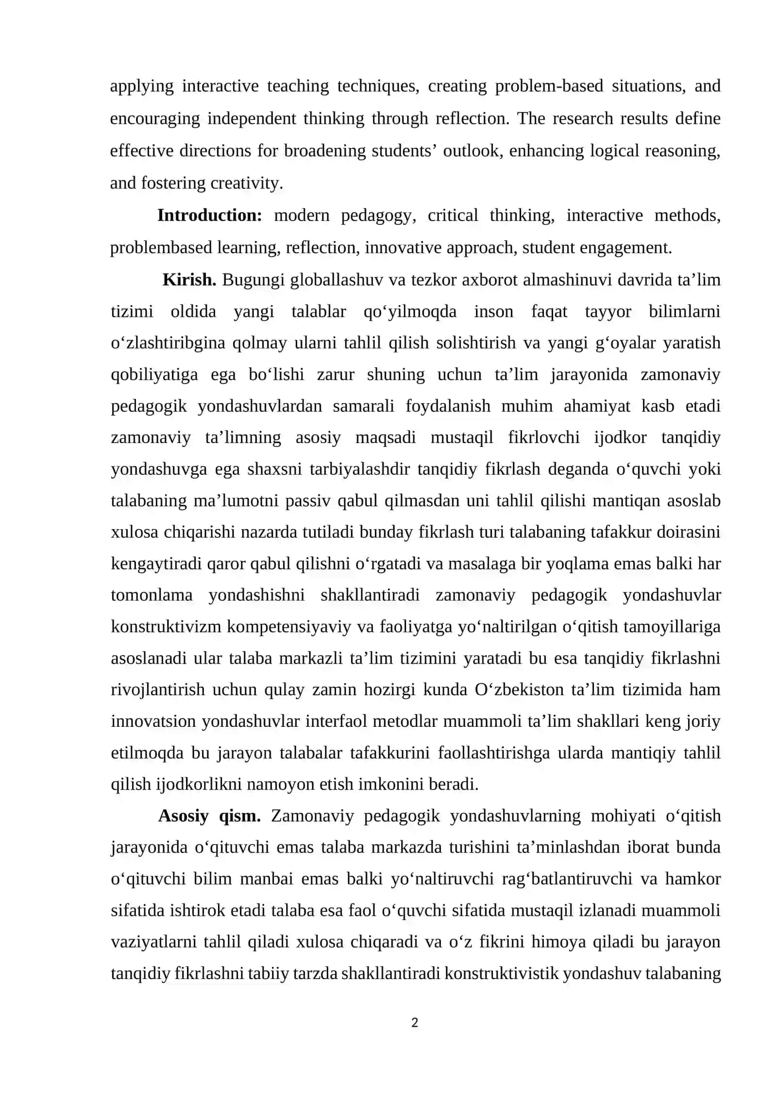 ZAMONAVIY PEDAGOGIK YONDASHUVLAR ASOSIDA TALABALARDA TANQIDIY FIKRLASHNI RIVOJLANTIRISH 2