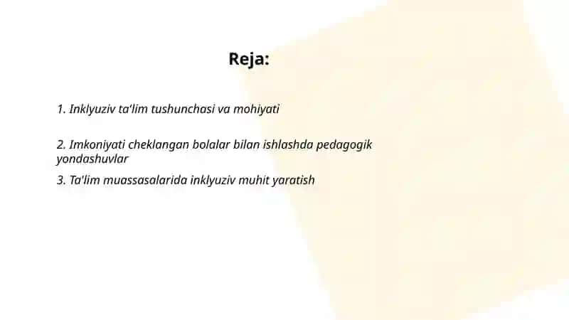 Inklyuziv taʼlim sinflari va boshlangʻich tayanch karreksion sinflarda imkoniyati cheklangan bolalarni oʻqitish boʻyicha pedagogik jarayonni tashkil etish 2