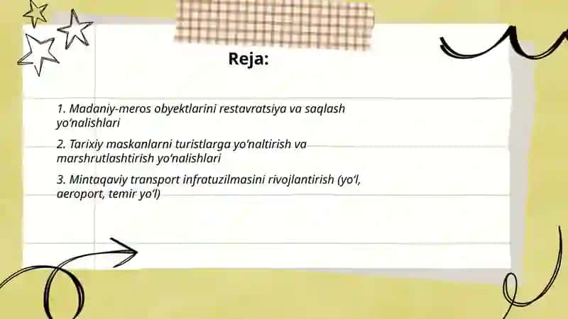 Samarqand viloyatida sayyohlik ishlarini rivojlantirish yoʻnalishlari 2