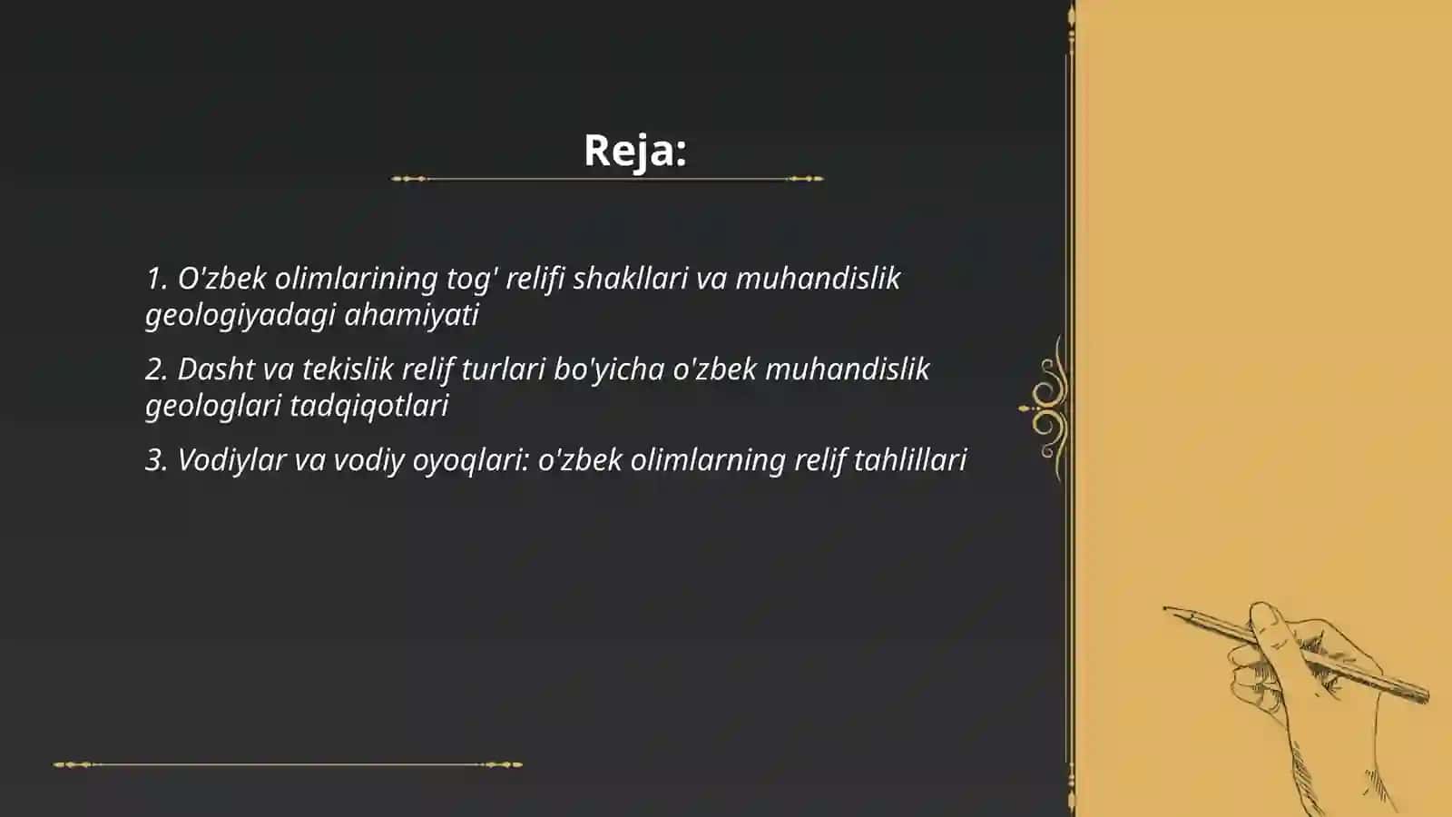Muhanduslig geoligiyasi fanining rivojlanishiga katta hissa qushgan uzbek olimlari yer relifini asosiy shakil va turlari 2